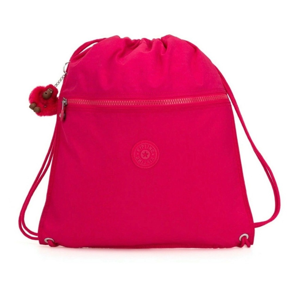 Kipling Pink Drawstring Backpack Monkey Charm Front Zip Pocket